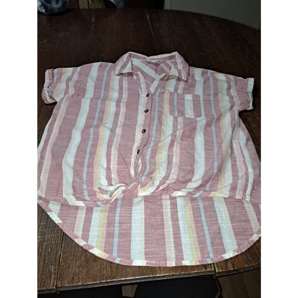 Small Pink Rose Short Cuff Sleeve Button Tie Knot  Waist Blouse Shirt Top
